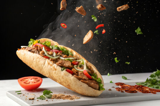 A delicious sandwich is filled with grilled meat, onions, and vibrant vegetables, surrounded by a cloud of spices and toppings that seem to be floating in the air. AI generated.