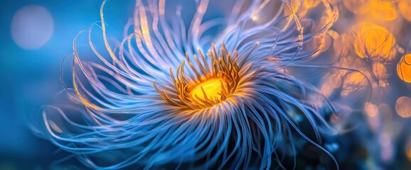 Vibrant blue and orange aquatic flower with glowing center.