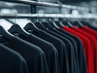 Fototapeta premium A row of plain T-shirts in various colors, including black and red, hanging on a clothing rack with black hangers. The setting is minimalistic and modern.