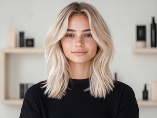 A smiling young woman with long blonde hair stands against a neutral background, exuding a relaxed and confident demeanor.