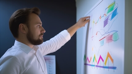 Fototapeta premium Business professional analyzing data charts and graphs on a presentation board during a workplace meeting
