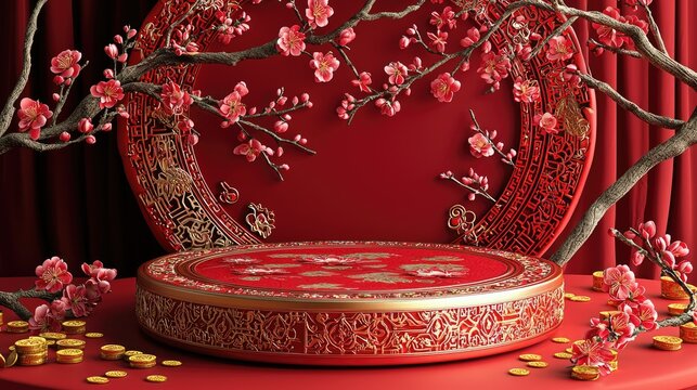 Elegant Chinese New Year Display with Cherry Blossoms and Gold Coins on Red Background for Festive Celebrations and Cultural Themes