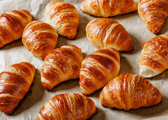 freshly baked in oven croissants on a sheet pan