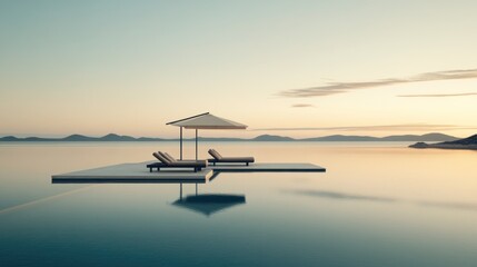 Tranquil sunset over calm ocean with two lounge chairs and umbrella on floating platform.