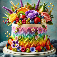 Naklejka premium Multi-tier colorful cake topped with fresh fruits, flowers, and chocolate on an elegant stand 