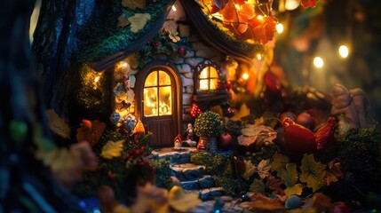 Fototapeta premium Enchanting autumnal fairy house nestled in the woods, illuminated by warm lights.