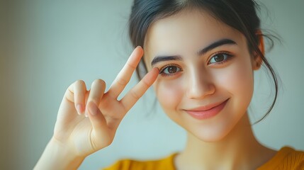 Young Woman Showing Peace Sign Smiling Joyfully