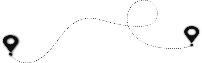 Journey or route concept of start point and end point dash line. Location pins and connecting paths.