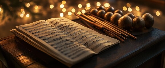 Sheet music, xylophone mallets, and bells rest on a wooden surface with warm bokeh lights in the background.