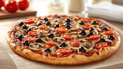 Delicious mushroom and olive pizza on parchment paper.