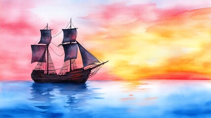 Obraz premium Watercolor Painting: Majestic Sailing Ship Serenely Navigating a Vibrant Sunset Seascape. AI Generated