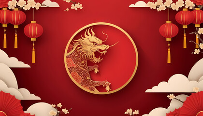 Golden Dragon in Red Festive Papercut Design