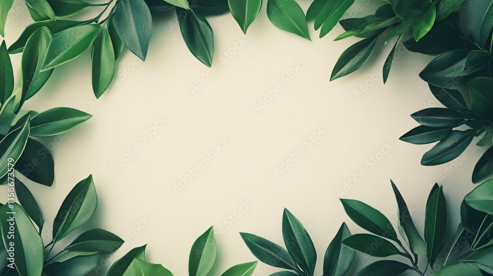 Poster green leaves creating a frame on neutral background