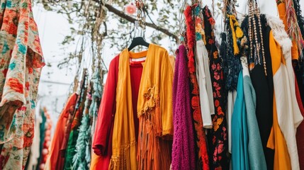 Colorful clothing hanging at outdoor market.