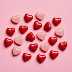 Obraz premium Red and pink heart candies scattered on pink background