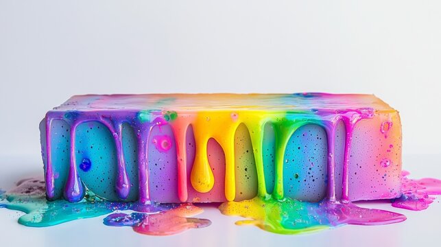 A vibrant, colorful soap bar dripping with rainbow hues, creating a visually striking and playful scene of melting soap.