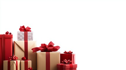 A stack of gift boxes in varying sizes, with ribbons and bows, against a soft white background. Ample copy space on the left.