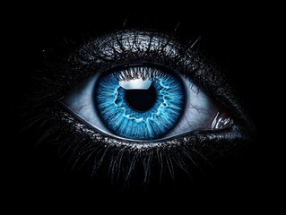 Fototapeta premium A striking, abstract image of a blue human eye against a black background, resembling a cosmic scene with intricate patterns.