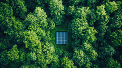 Solar panels surrounded by lush greenery in a forested area promoting sustainable energy solutions. Generative AI