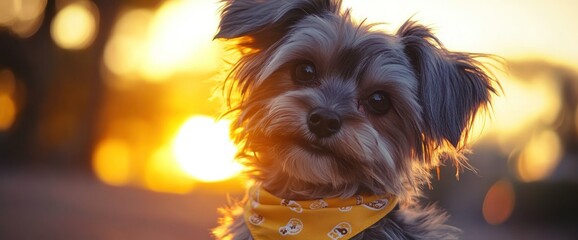 Cute small dog at sunset, wearing a yellow bandana.