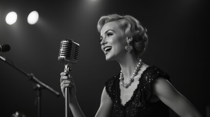 Black and white photo of a vintage jazz singer with a retro microphone, exuding classic glamour and elegance on stage. 