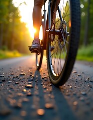 Sunset Bicycle Ride Asphalt Road Wheel Closeup Golden Hour