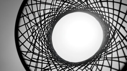Obraz premium Abstract swirling metal structure creating a circular tunnel with bright light at the end.