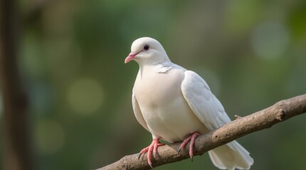 Obraz premium A close-up of a peace dove perched on a branch, showcasing its delicate features and soft feathers, embodying the spirit of peace and calm in a natural setting.