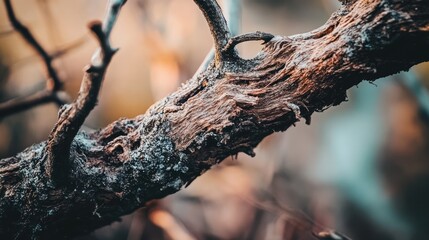 Fototapeta premium Close-up of a textured, gnarled tree branch with lichen.