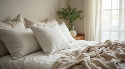 Fototapeta premium A cozy scene of an unmade bed featuring soft pillows and a light blanket, creating an inviting atmosphere that symbolizes a perfect space for resting and relaxation, with gentle natural light