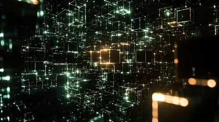 Obraz premium Abstract representation of interconnected cubes with glowing lights, suggesting digital environments.