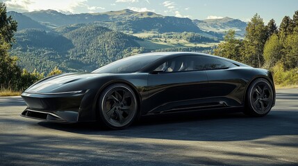 Naklejka premium A sleek, black sports car parked on a scenic mountain road, showcasing modern design amidst a breathtaking natural landscape.