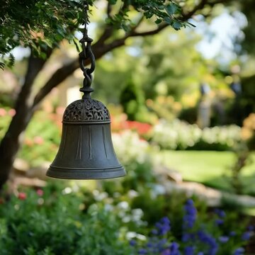 A close-up of a ceremonial bell in motion, its surface glinting in the light, with vibrant greenery and colorful blooming flowers in the background creating a serene and reflective garden setting