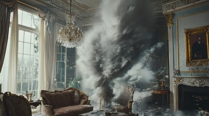 Dramatic explosion in a luxurious living room.