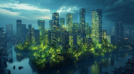 A futuristic cityscape with lush greenery, illuminated skyscrapers, and a reflective water body, blending urban life with nature.