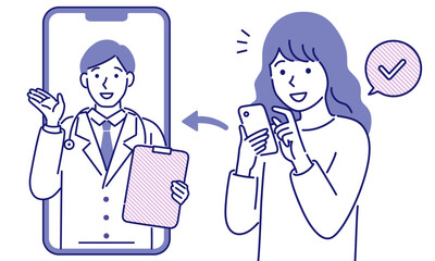 オンライン診療を受けるためにスマホを使用する女性のシンプルなベクターイラスト