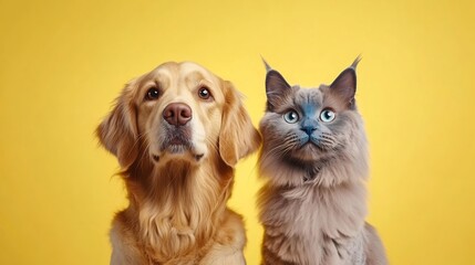 Close-up Photo: Golden Retriever and Maine Coon Gaze Intently Against Vibrant Yellow Background. AI Generated