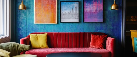 Red velvet sofa in a vibrant teal room with colorful artwork and gold wall lamps.