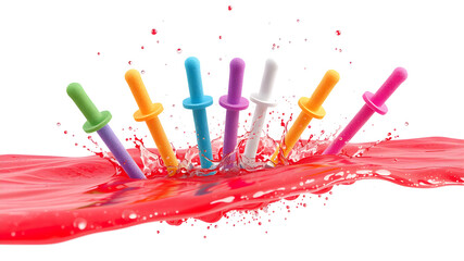 Children's toy plastic sword thrown into red water on white background