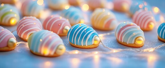 Pastel-colored cookies shaped like light bulbs with gold accents, arranged on a surface with fairy lights.