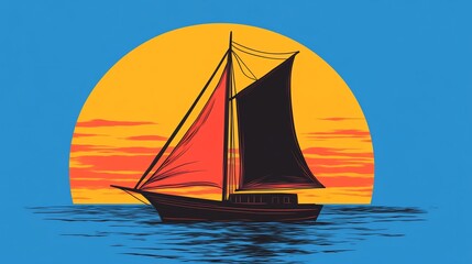 Fototapeta premium Sailing Vessel at Sunset: Vibrant Digital Painting Illustration. AI Generated