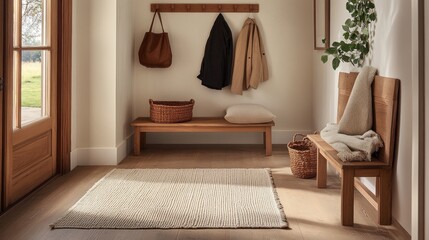 Cozy entryway with wooden bench, coats, bags, and neutral rug.