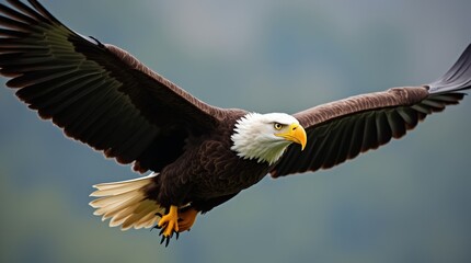 Obraz premium A stunning close-up of a bald eagle in flight, capturing the details of its powerful wings and sharp gaze, illustrating the grace and beauty of this magnificent bird in its element.