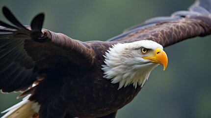 Obraz premium A stunning close-up of a bald eagle in flight, capturing the details of its powerful wings and sharp gaze, illustrating the grace and beauty of this magnificent bird in its element.