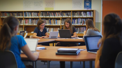 Students collaborating in a library with laptops and books, fostering teamwork and academic learning in a focused environment