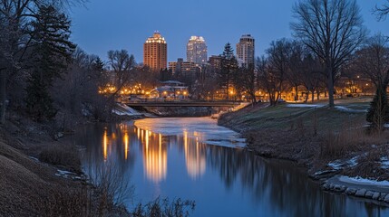Obraz premium City skyline reflected in a frozen river at twilight.