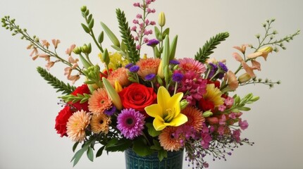 Obraz premium A close-up view of a beautifully crafted floral arrangement, highlighting the intricate details of the flowers and foliage, creating a visually appealing centerpiece that adds charm and elegance to an