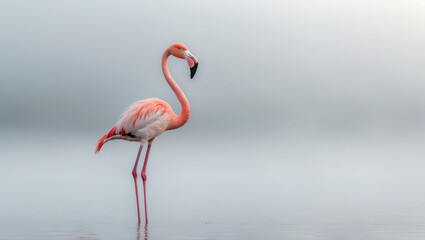 Fototapeta premium A graceful flamingo standing against a misty water background, positioned off-center. The striking pink feathers contrast beautifully with the muted backdrop, creating a minimalist and serene feel.