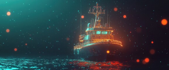 Glowing tugboat on dark water with bokeh effect.