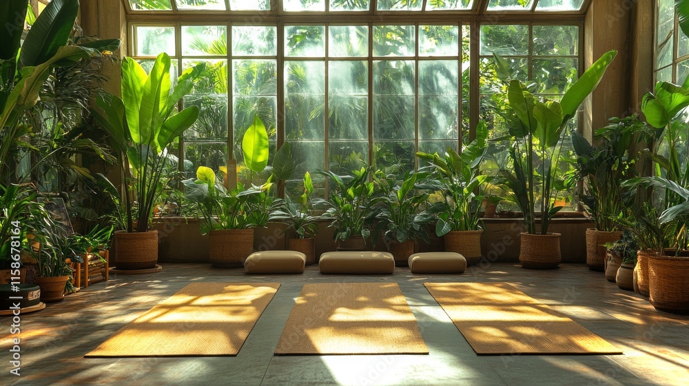 Poster soft sunlight filters through large windows, illuminating a spacious yoga area adorned with lush pla